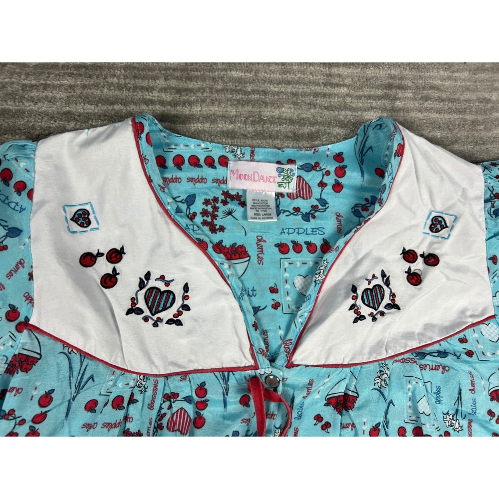 Moon Dance House Dress Women L Blue Fruit Hearts Snap Front Vintage Duster 93124 - Picture 4 of 13